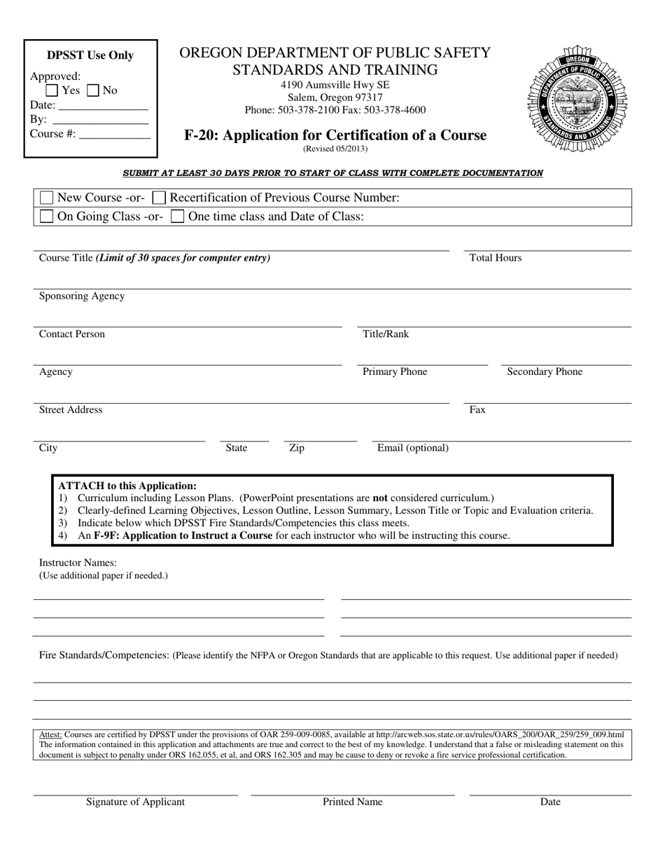 Form F-20 Application for Certification of a Course - Oregon, Page 1