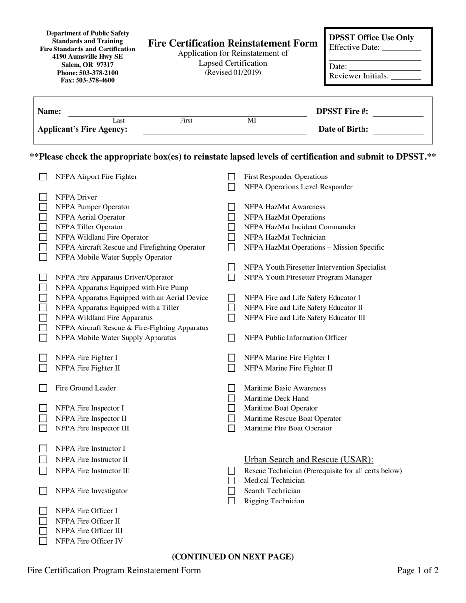 Fire Certification Reinstatement Form - Oregon, Page 1