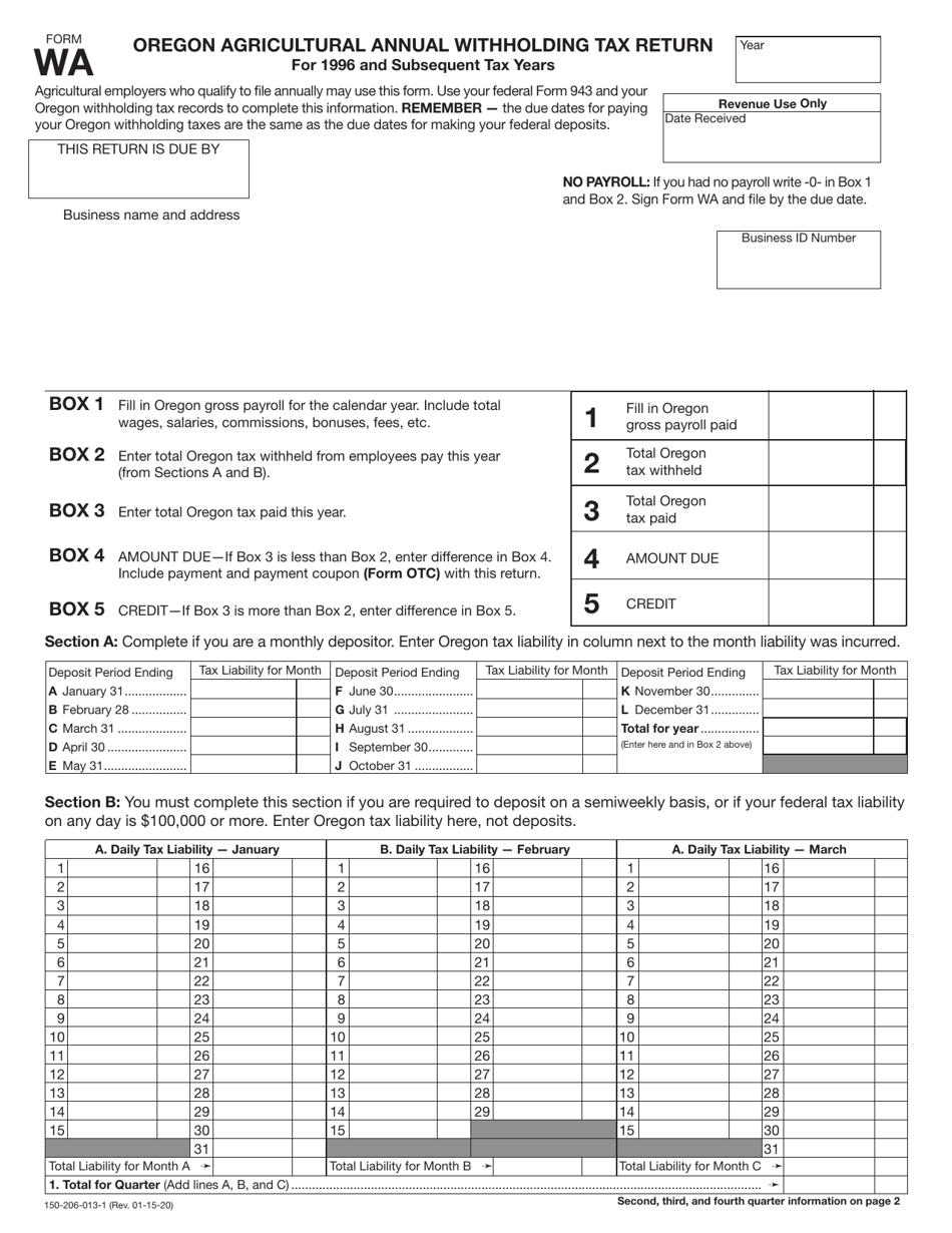 Form WA (150-206-013-1) Oregon Agricultural Annual Withholding Tax Return - Oregon, Page 1