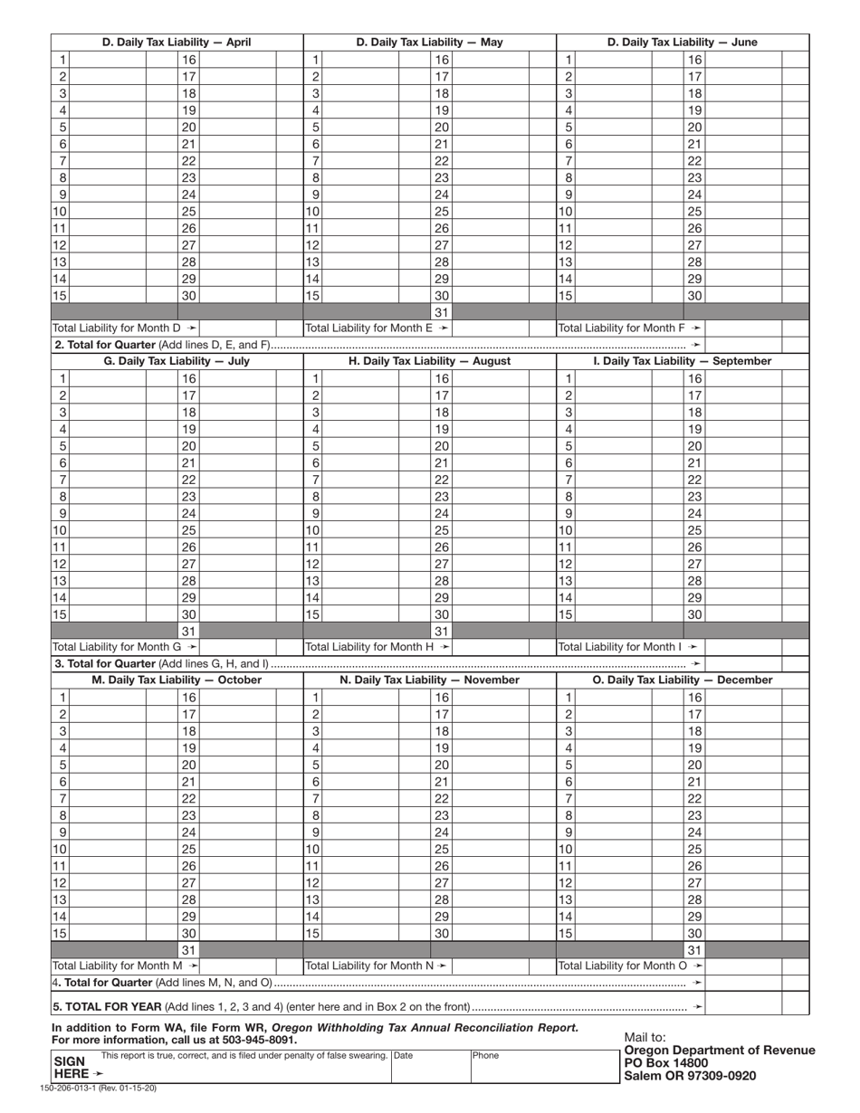 Form WA (150-206-013-1) Oregon Agricultural Annual Withholding Tax Return - Oregon, Page 2