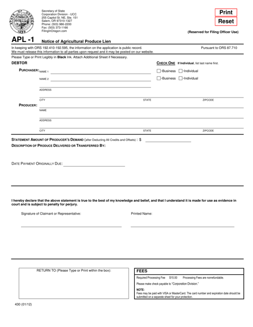 Form APL-1 Notice of Agricultural Produce Lien - Oregon