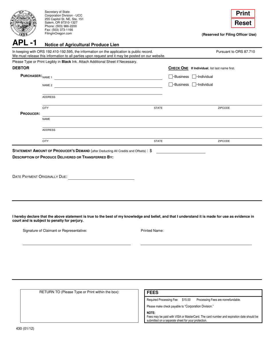 Form APL-1 Notice of Agricultural Produce Lien - Oregon, Page 1