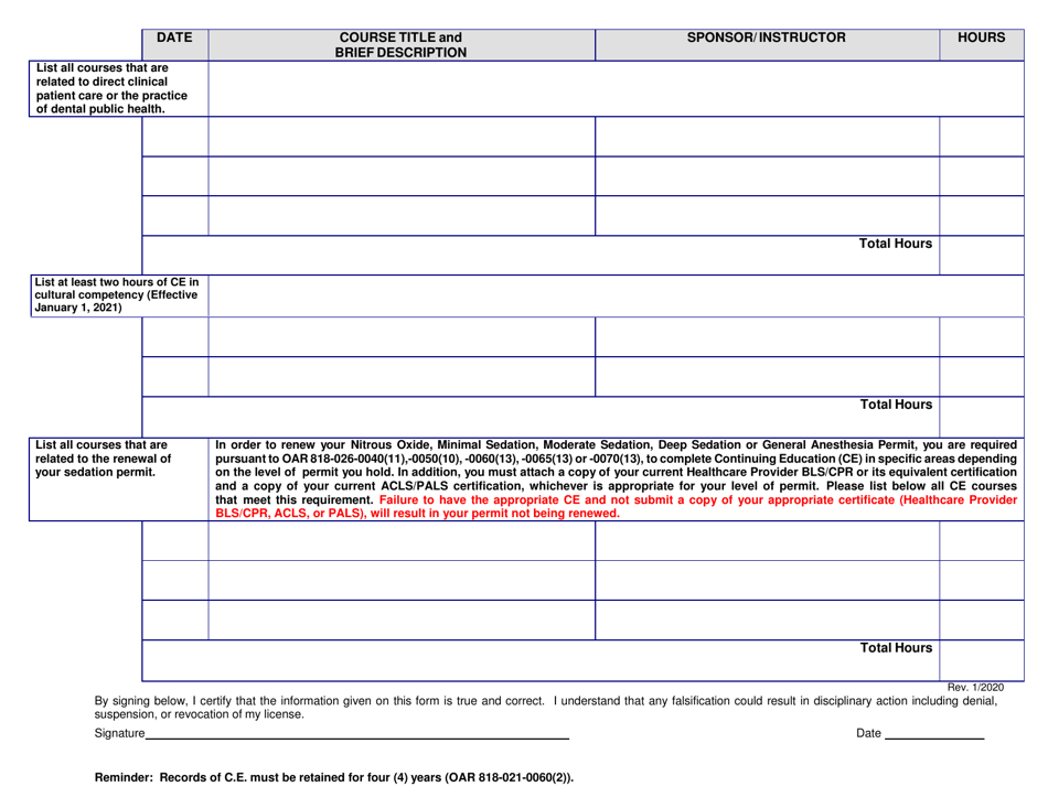 Dental Continuing Education Log - Oregon, Page 2