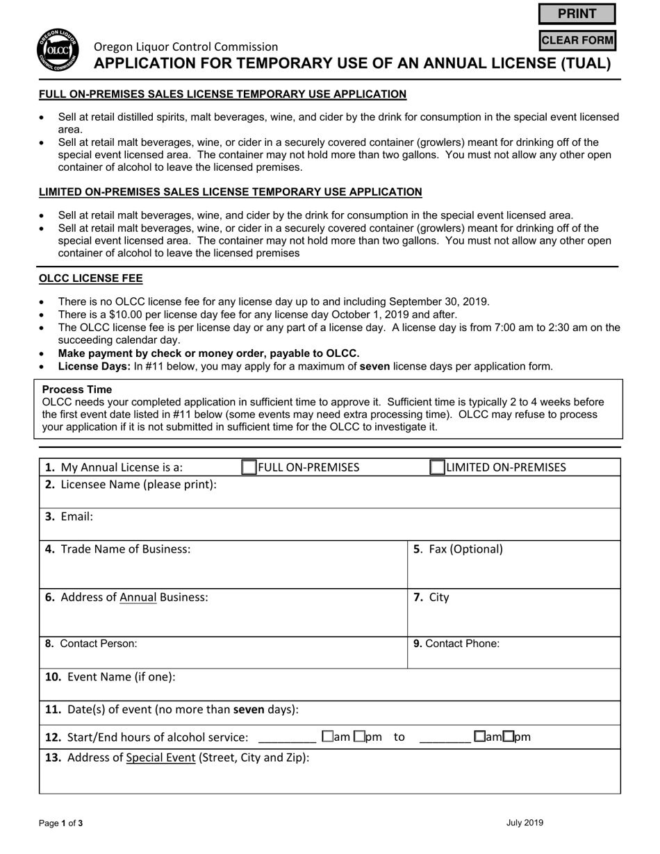 Oregon Application for Temporary Use of an Annual License (Tual) Download Fillable PDF