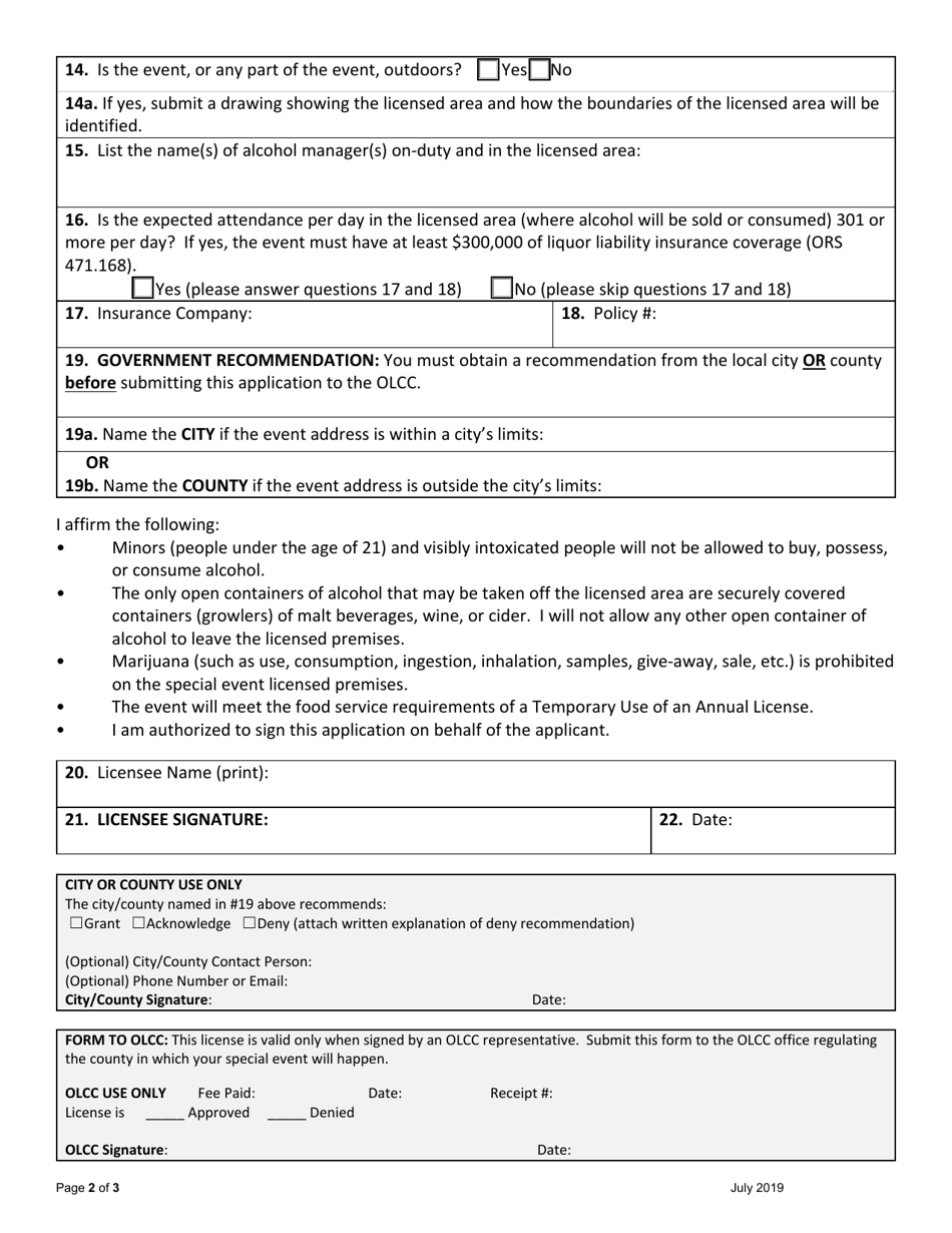 Application for Temporary Use of an Annual License (Tual) - Oregon, Page 2