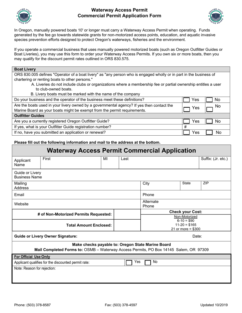 Waterway Access Permit Commercial Application Form - Oregon, Page 1
