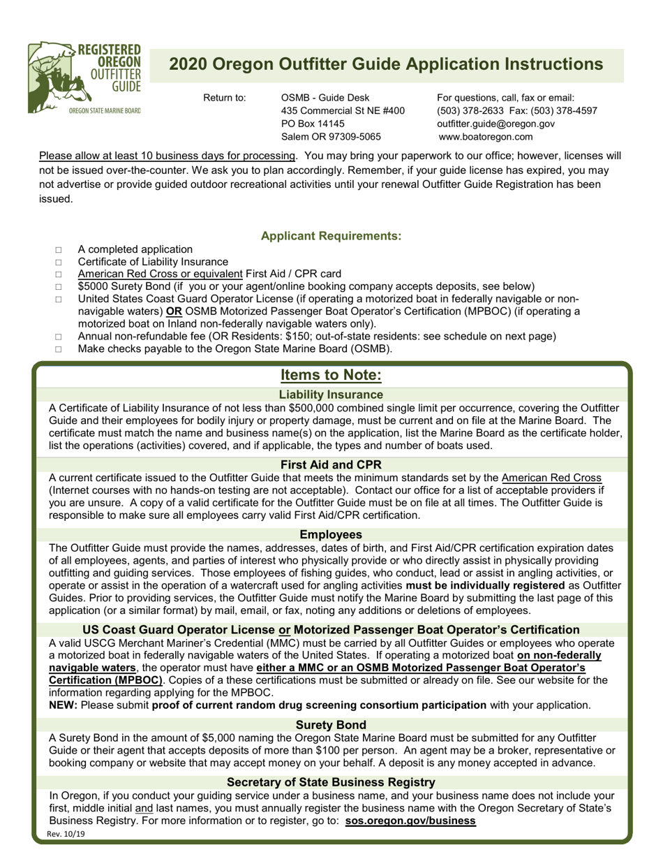 Oregon Outfitter Guide Application - Oregon, Page 1