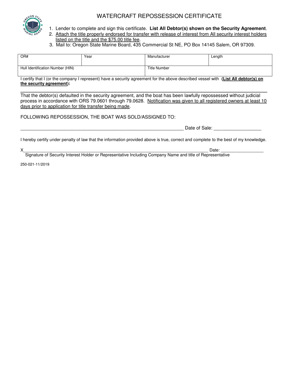 Watercraft Repossession Certificate - Oregon, Page 1