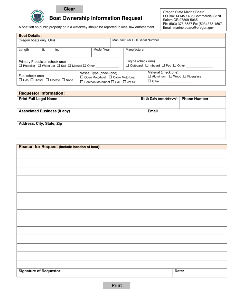 Boat Ownership Information Request - Oregon, Page 1