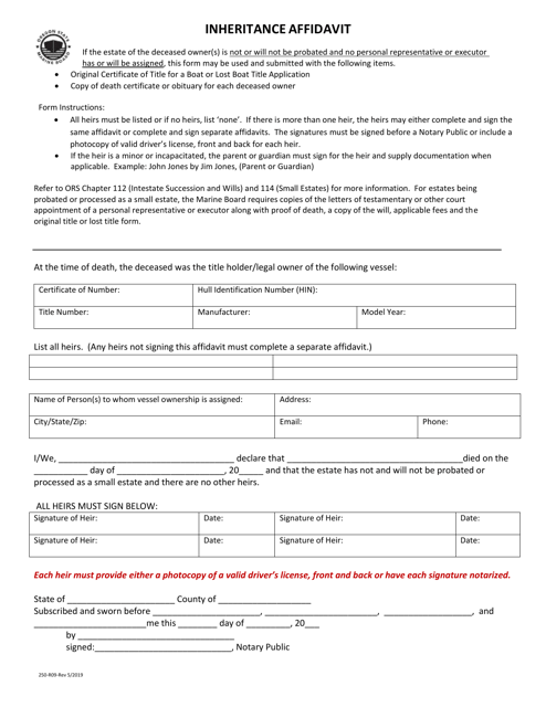 Form 250-R09 Inheritance Affidavit - Oregon