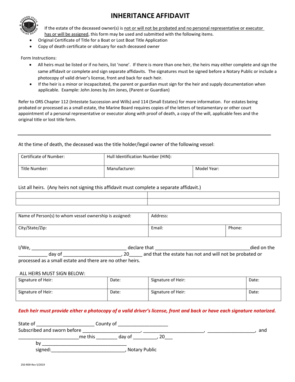 Form 250-R09 Inheritance Affidavit - Oregon, Page 1