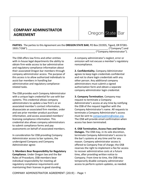 Company Administrator Agreement - Oregon Download Pdf