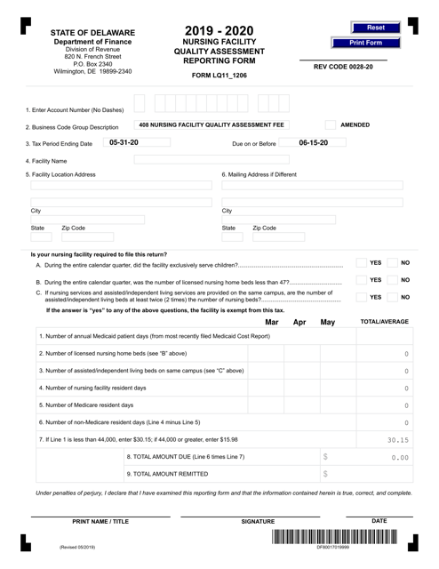 Form LQ11_1206 Nursing Facility Quality Assessment Reporting Form - Delaware, 2020