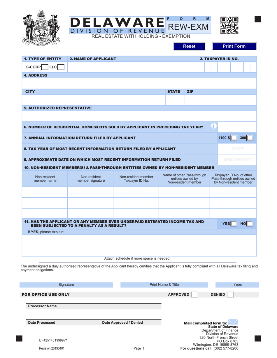 Form REW-EXM Real Estate Withholding - Exemption - Delaware, Page 1