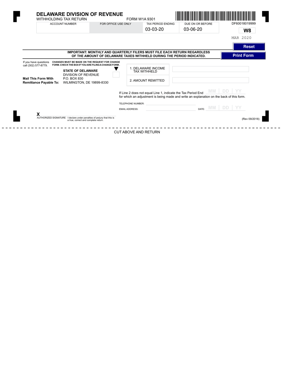 Form W1A 9301 Withholding Tax Return - March - Delaware, Page 1