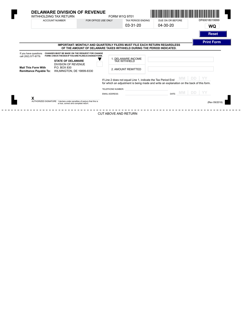 Form W1Q 9701 Quarterly Withholding Reporting Form - Delaware, Page 1