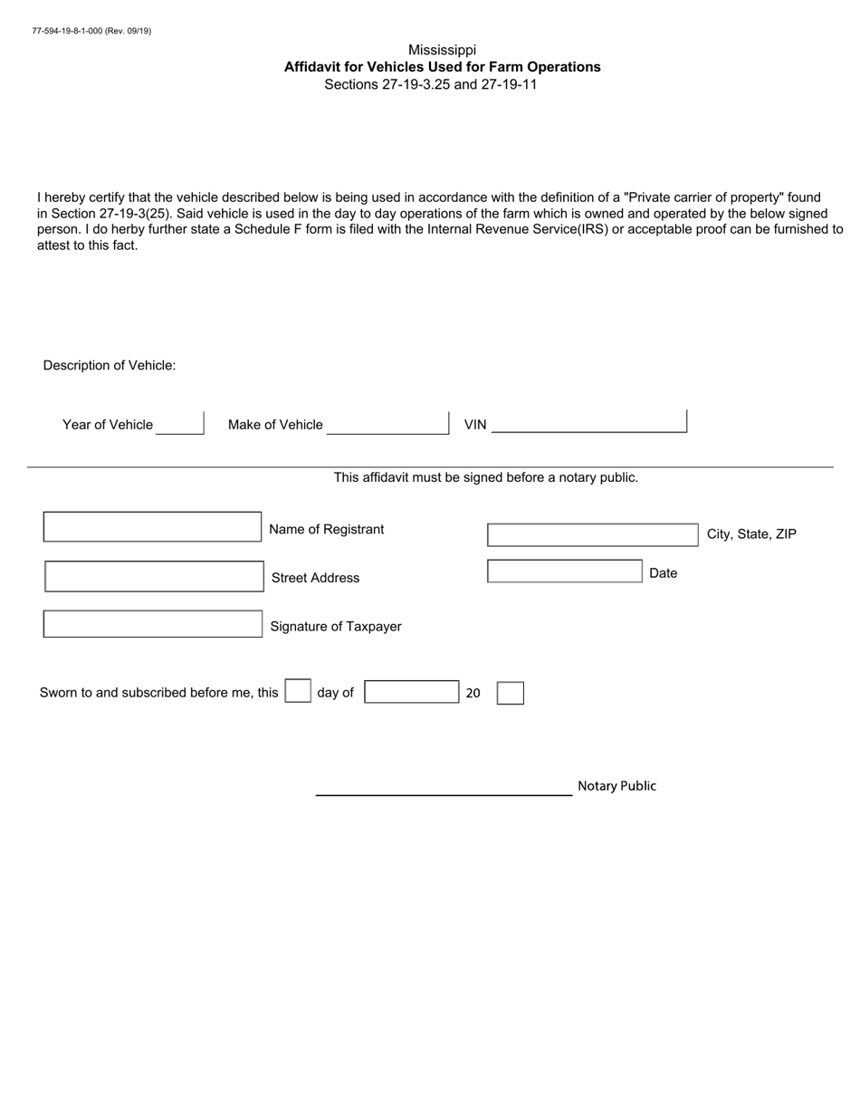 Form 77-594-19-8-1-000 Affidavit for Vehicles Used for Farm Operations - Mississippi, Page 1