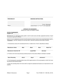Document preview: Form 78-909-18-1-1-000 Affidavit of Severance (Manufactured or Mobile Home) - Mississippi