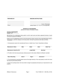 Form 78-909-18-1-1-000 Affidavit of Severance (Manufactured or Mobile Home) - Mississippi