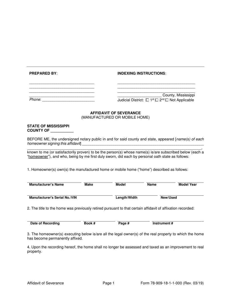 Form 78-909-18-1-1-000 Affidavit of Severance (Manufactured or Mobile Home) - Mississippi, Page 1