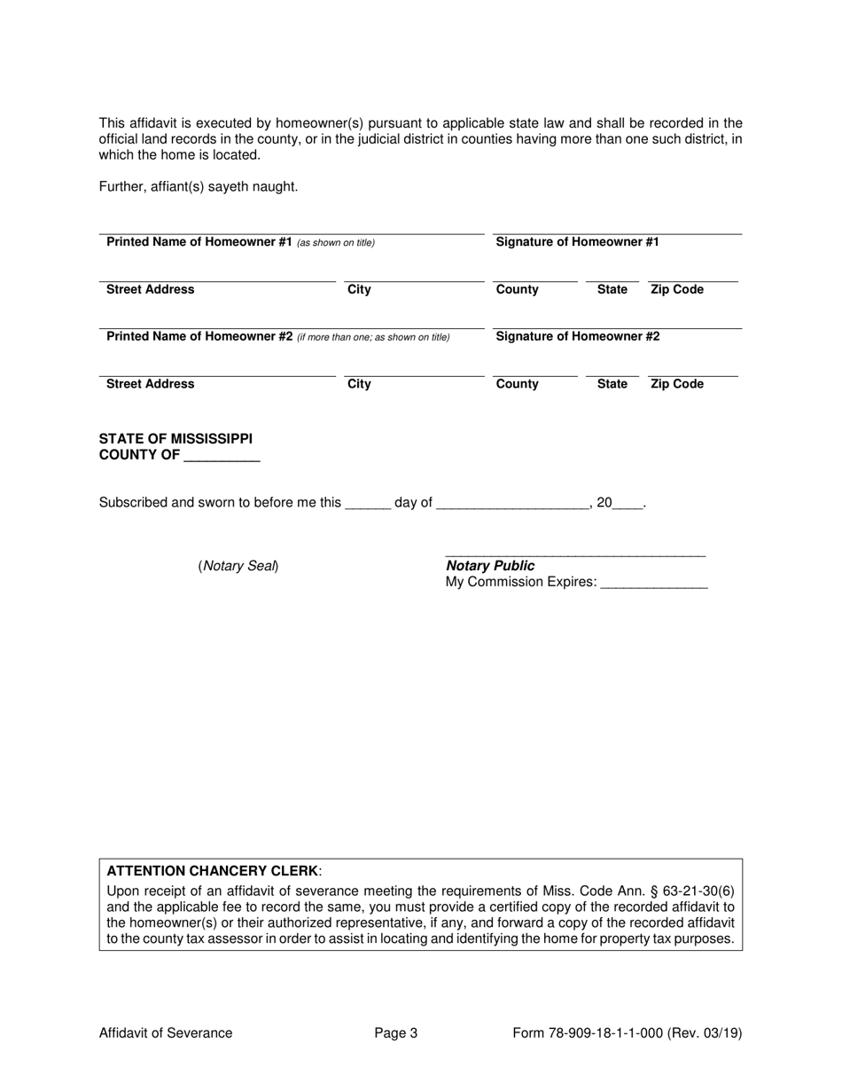 Form 78-909-18-1-1-000 Affidavit of Severance (Manufactured or Mobile Home) - Mississippi, Page 3