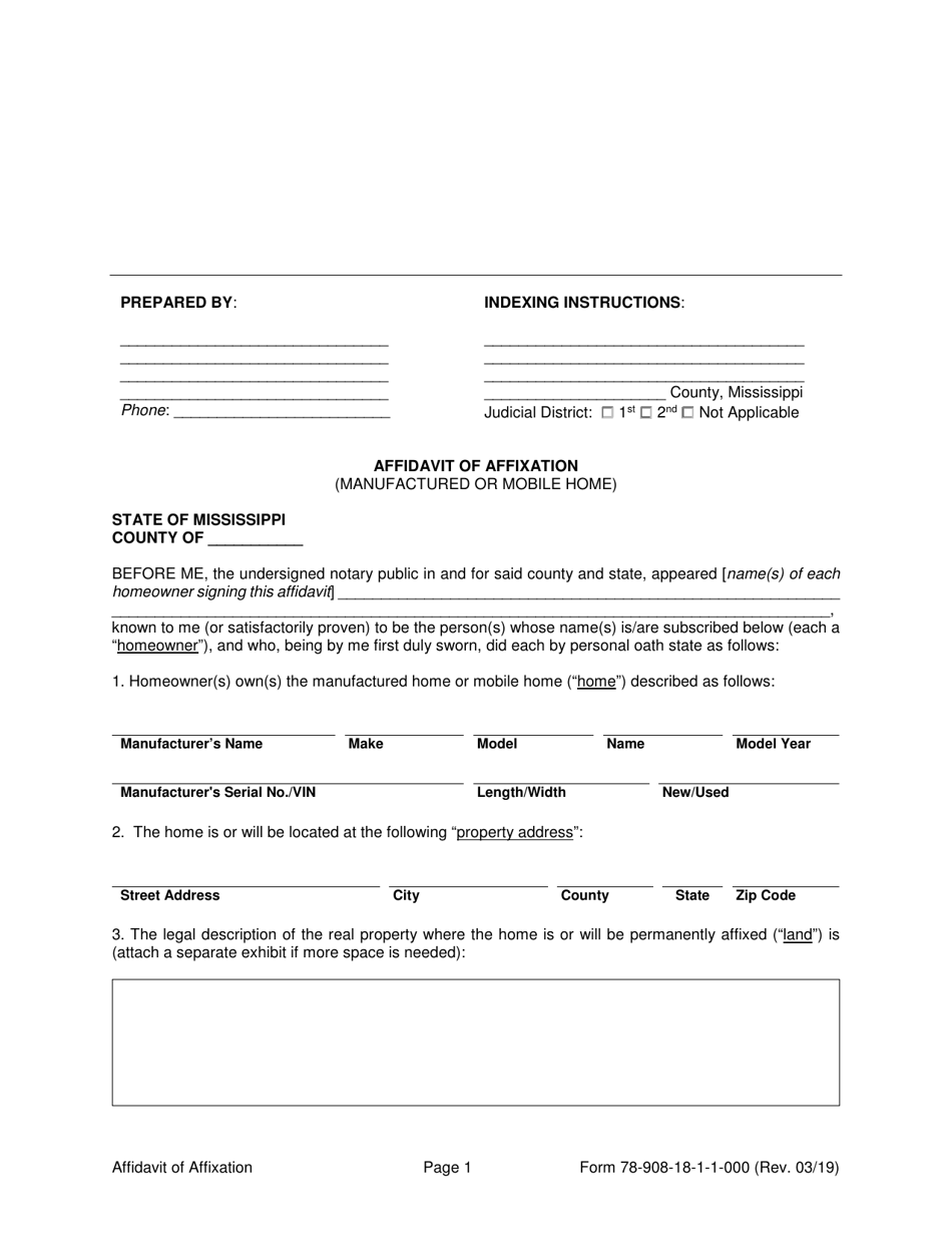 Form 78-908-18-1-1-000 Affidavit of Affixation (Manufactured or Mobile Home) - Mississippi, Page 1