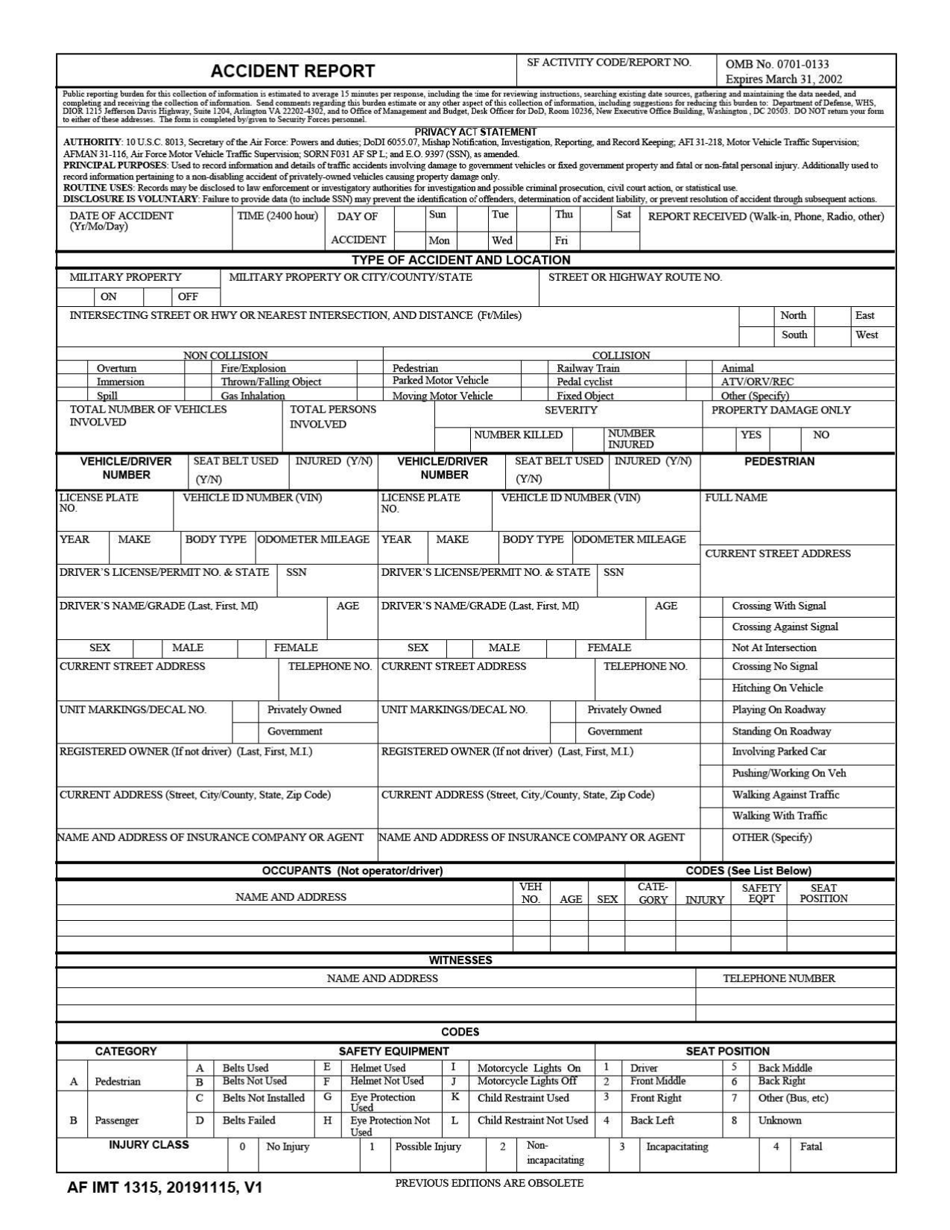 AF IMT Form 1315 Accident Report, Page 1