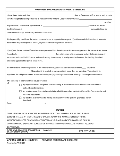 AF Form 3226 Authority to Apprehend in Private Dwelling