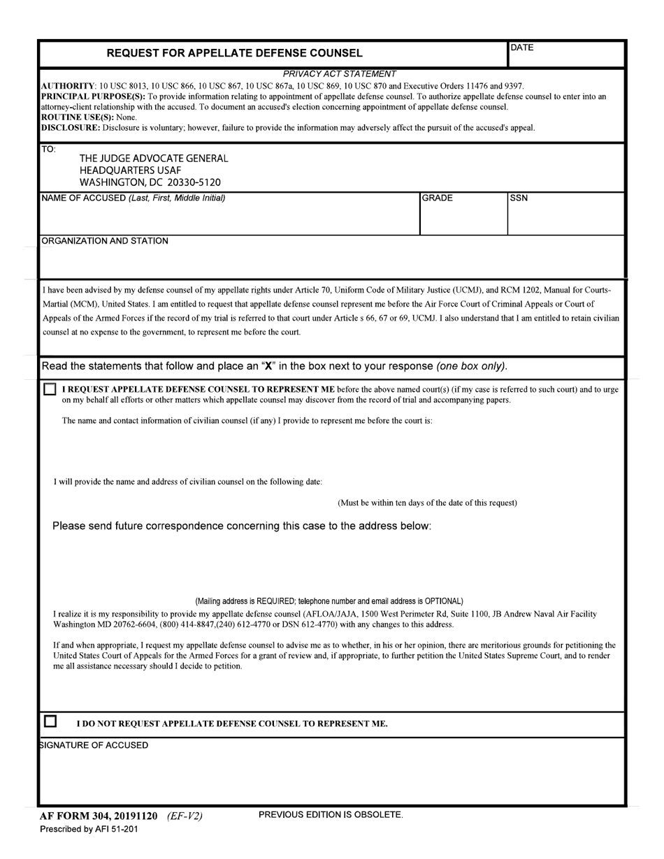 AF Form 304 Request for Appellate Defense Counsel, Page 1