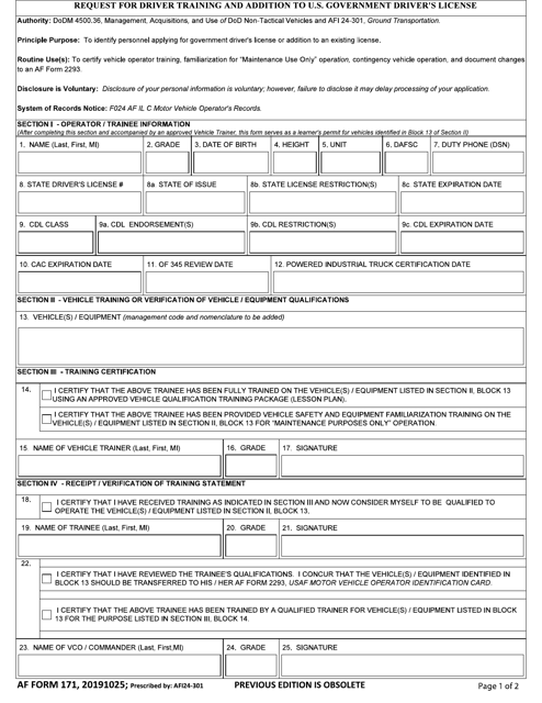 AF Form 171 Request for Driver Training and Addition to U.S. Government Driver's License