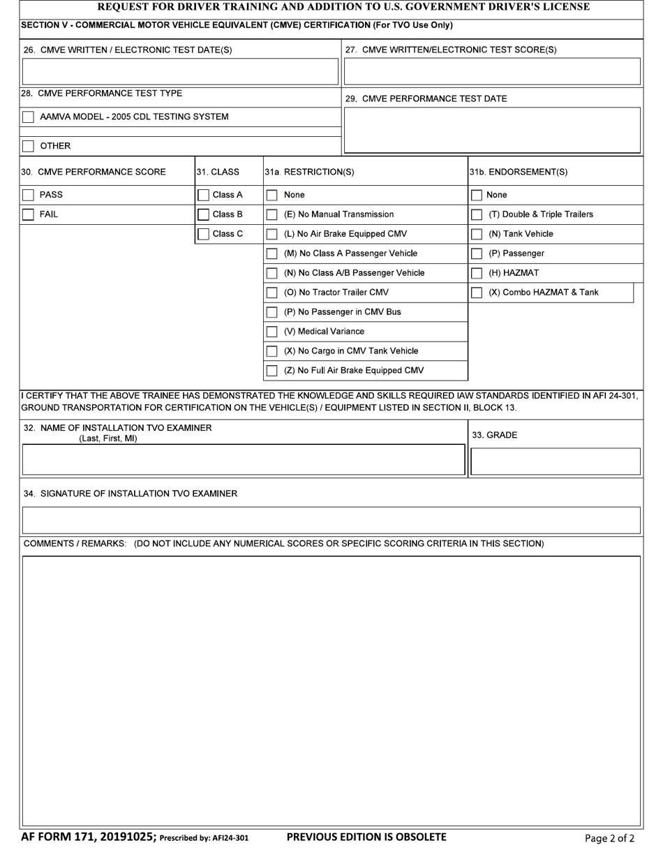 AF Form 171 Download Fillable PDF or Fill Online Request for Driver ...