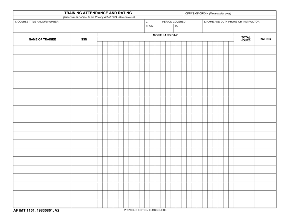 AF IMT Form 1151 Training Attendance and Rating, Page 1