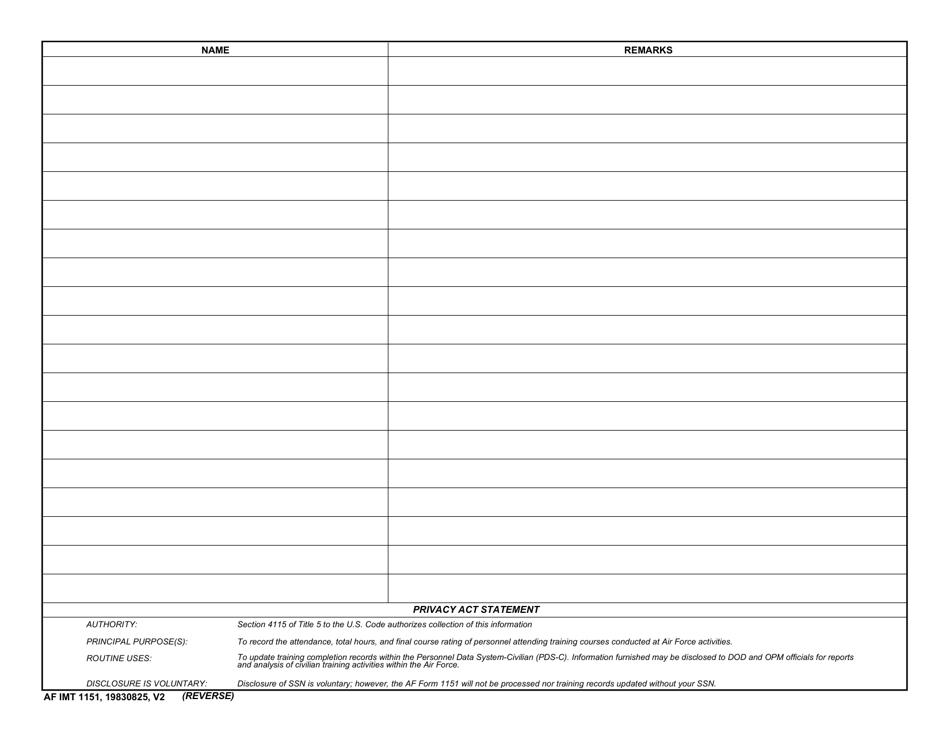 AF IMT Form 1151 - Fill Out, Sign Online and Download Fillable PDF ...