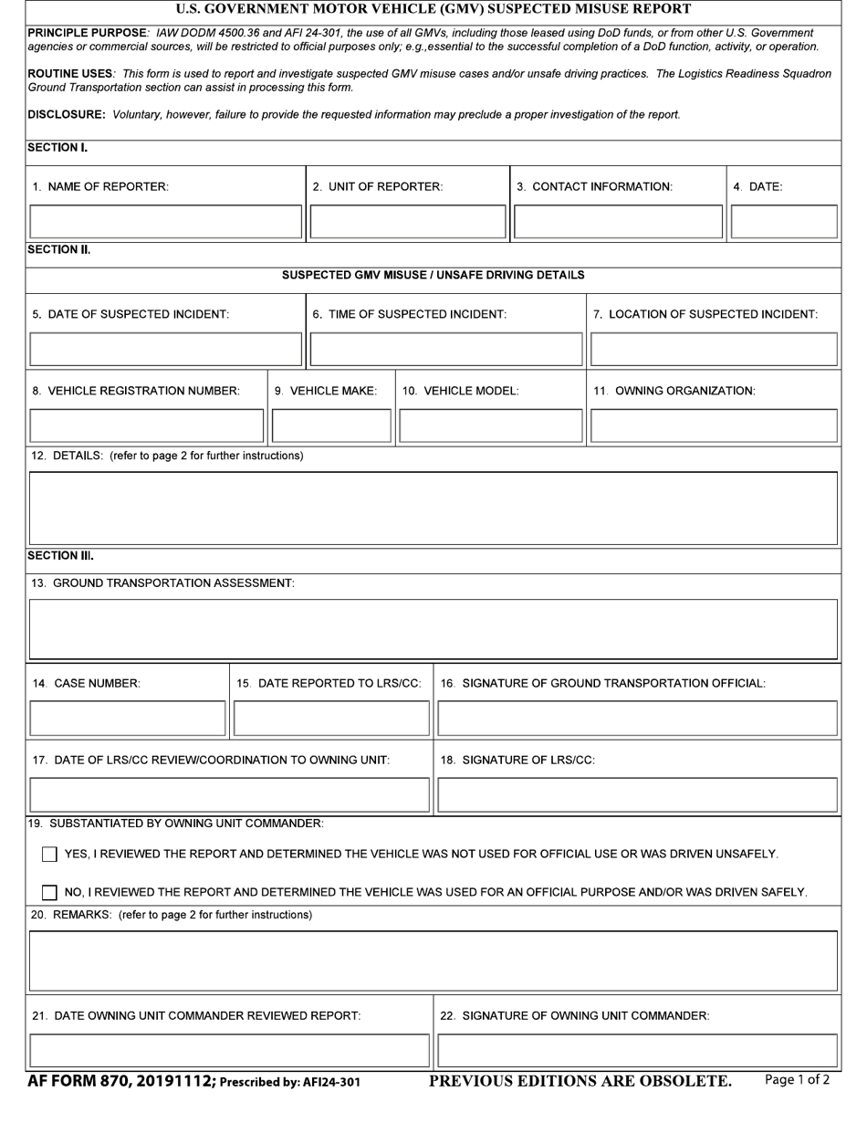 AF Form 870 U.S. Government Motor Vehicle (GMV) Suspected Misuse Report, Page 1