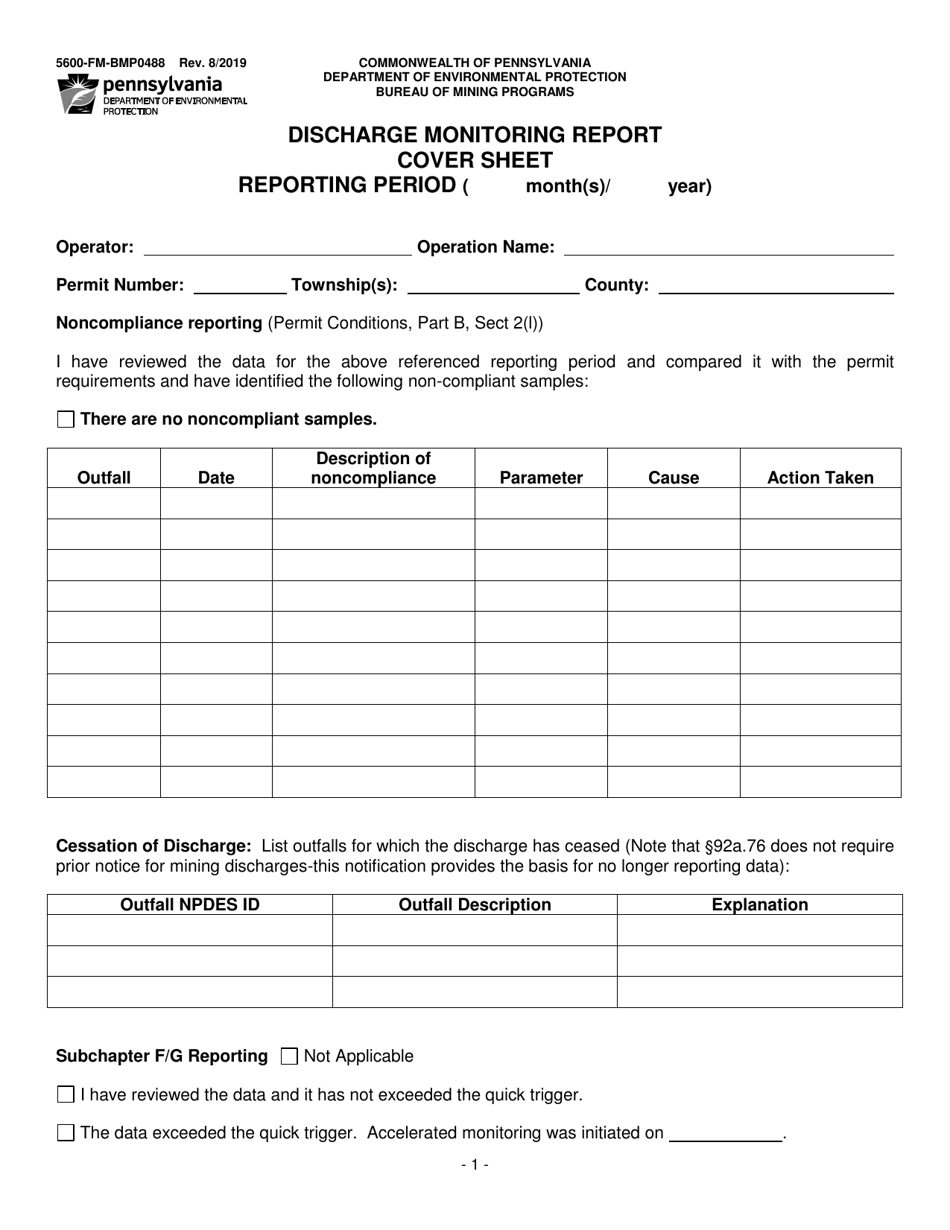 Form 5600-FM-BMP0488 Discharge Monitoring Report Cover Sheet - Pennsylvania, Page 1