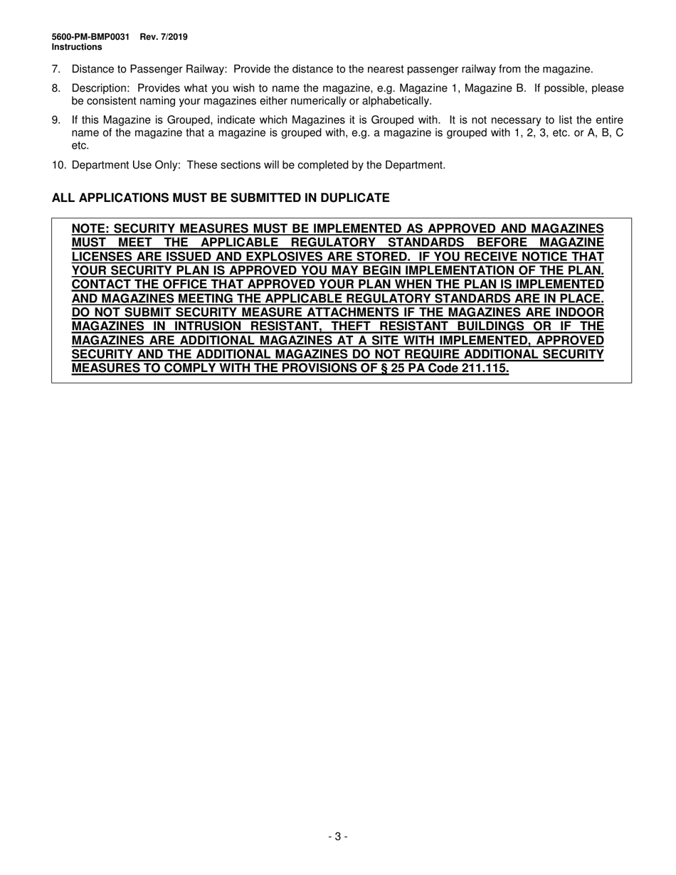 Instructions for Form 5600-PM-BMP0031 New Storage Magazine Security Application - Pennsylvania, Page 3