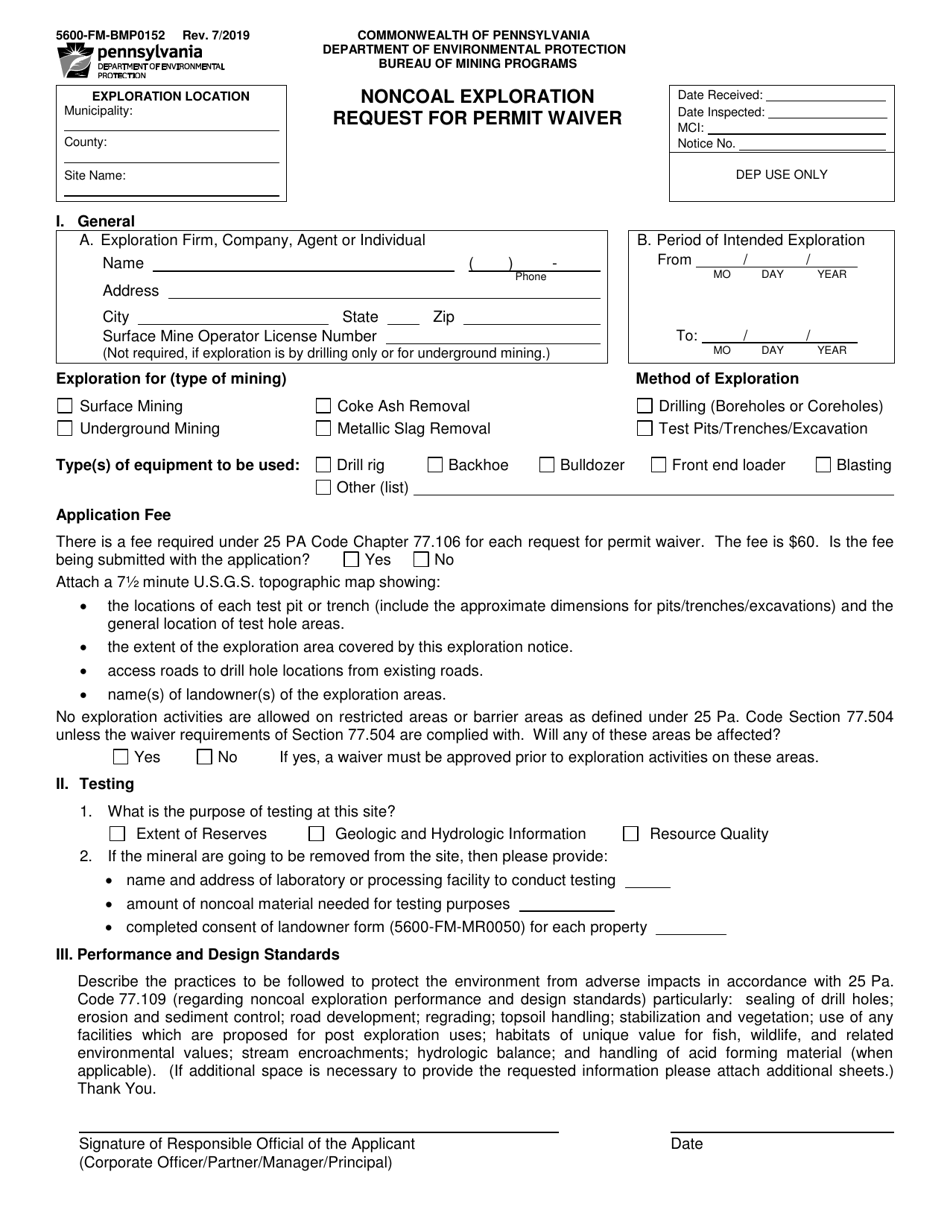 Form 5600-FM-BMP0152 Noncoal Exploration Request for Permit Waiver - Pennsylvania, Page 1