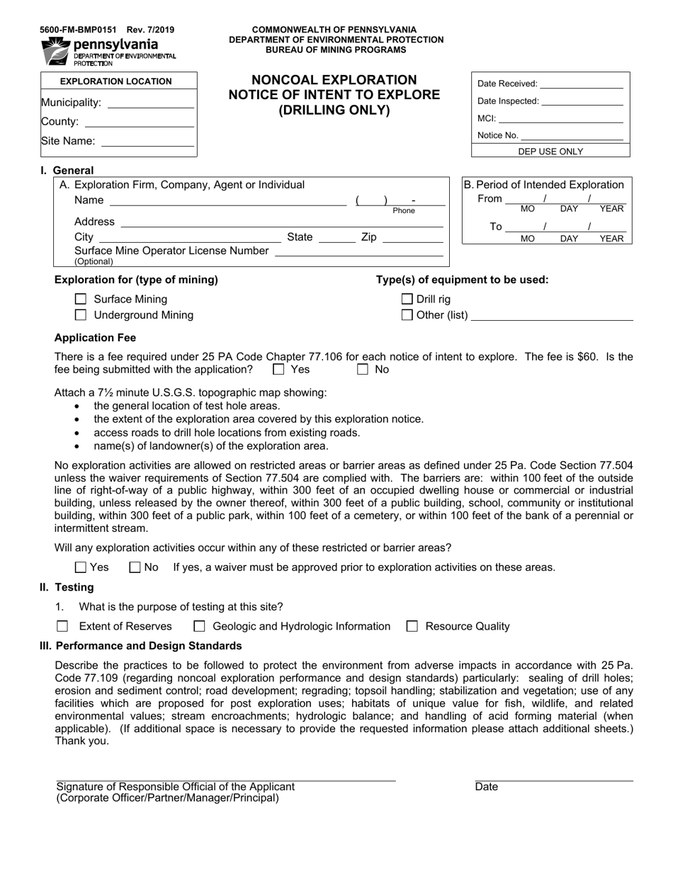 Form 5600-FM-BMP0151 Noncoal Exploration Notice of Intent to Explore (Drilling Only) - Pennsylvania, Page 1