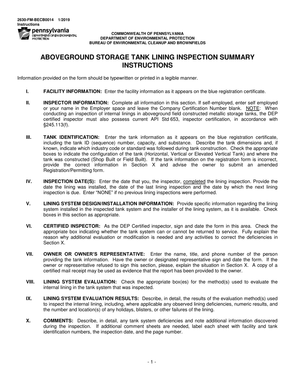 Instructions for Form 2630-FM-BECB0014 Aboveground Storage Tank Lining Inspection Summary - Pennsylvania, Page 1