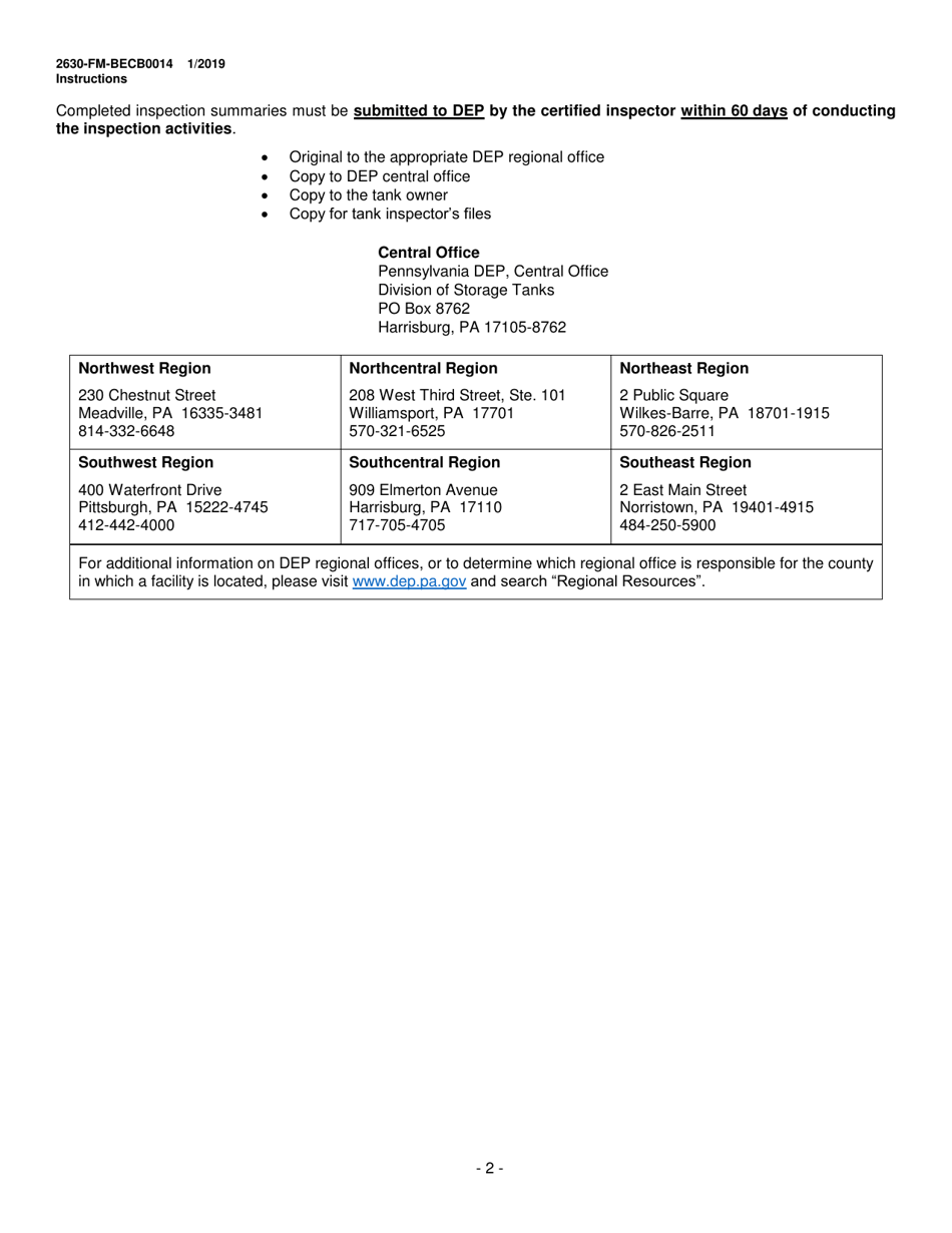 Instructions for Form 2630-FM-BECB0014 Aboveground Storage Tank Lining Inspection Summary - Pennsylvania, Page 2