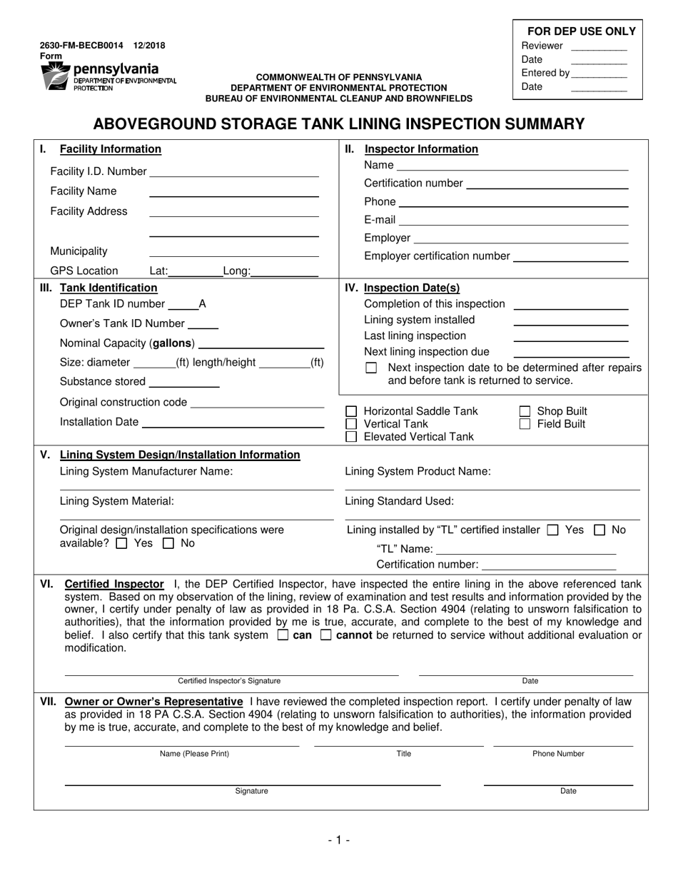 Form 2630-FM-BECB0014 Aboveground Storage Tank Lining Inspection Summary - Pennsylvania, Page 1