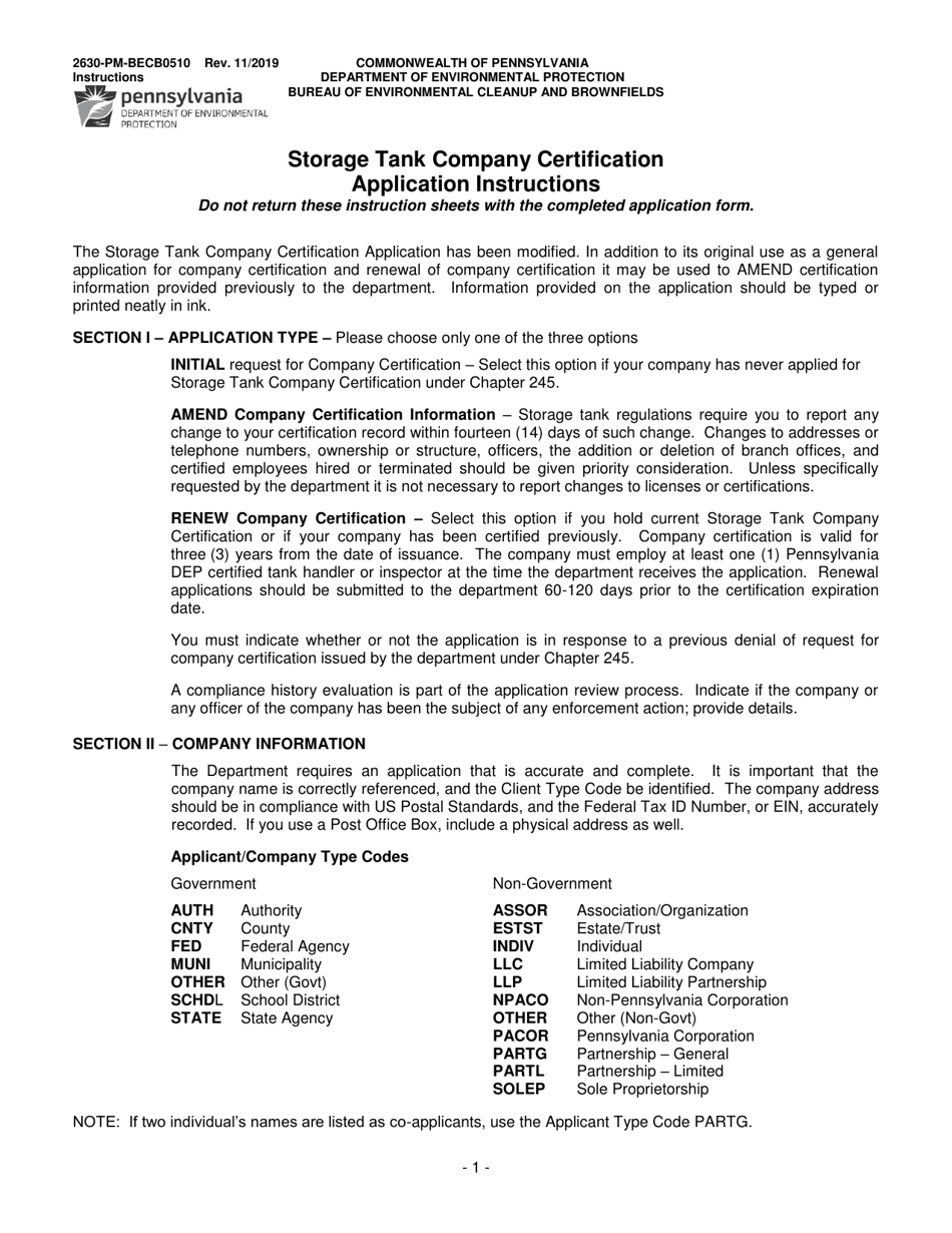 Instructions for Form 2630-PM-BECB0510 Storage Tank Company Certification Application - Pennsylvania, Page 1