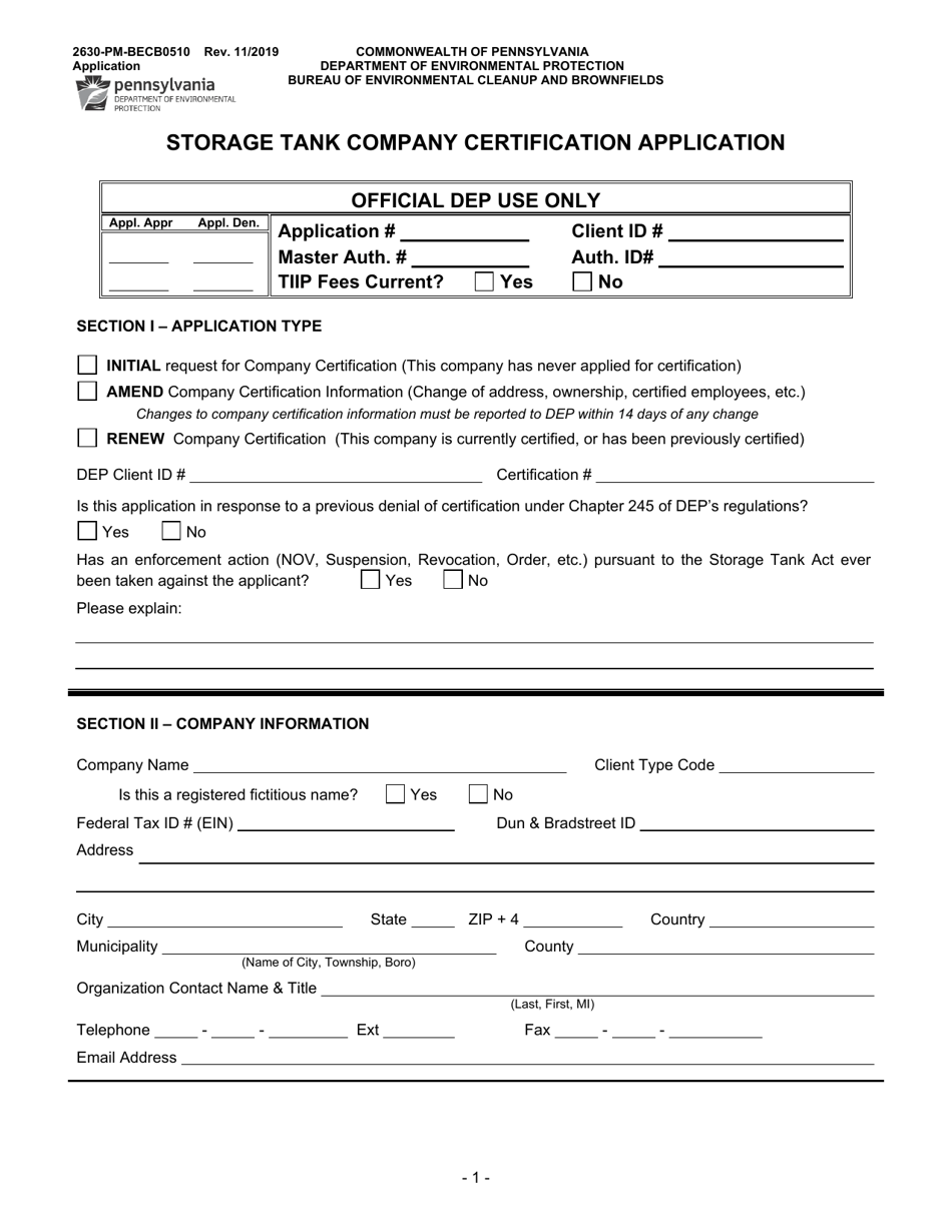 Form 2630-PM-BECB0510 Storage Tank Company Certification Application - Pennsylvania, Page 1