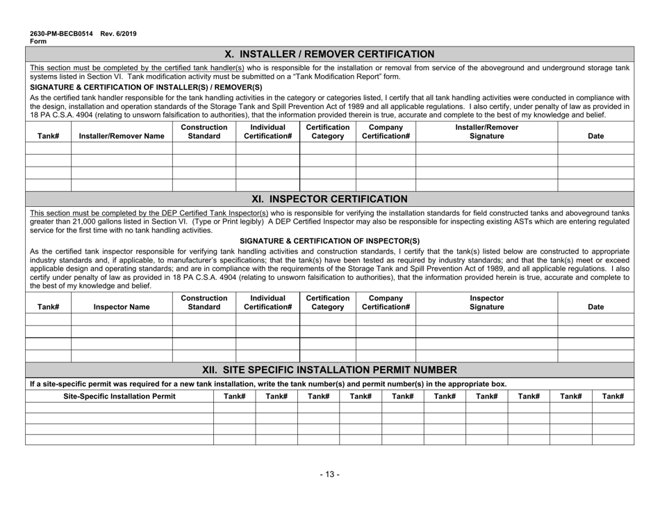Form 2630-PM-BECB0514 Storage Tanks Registration / Permitting Application Form - Pennsylvania, Page 13