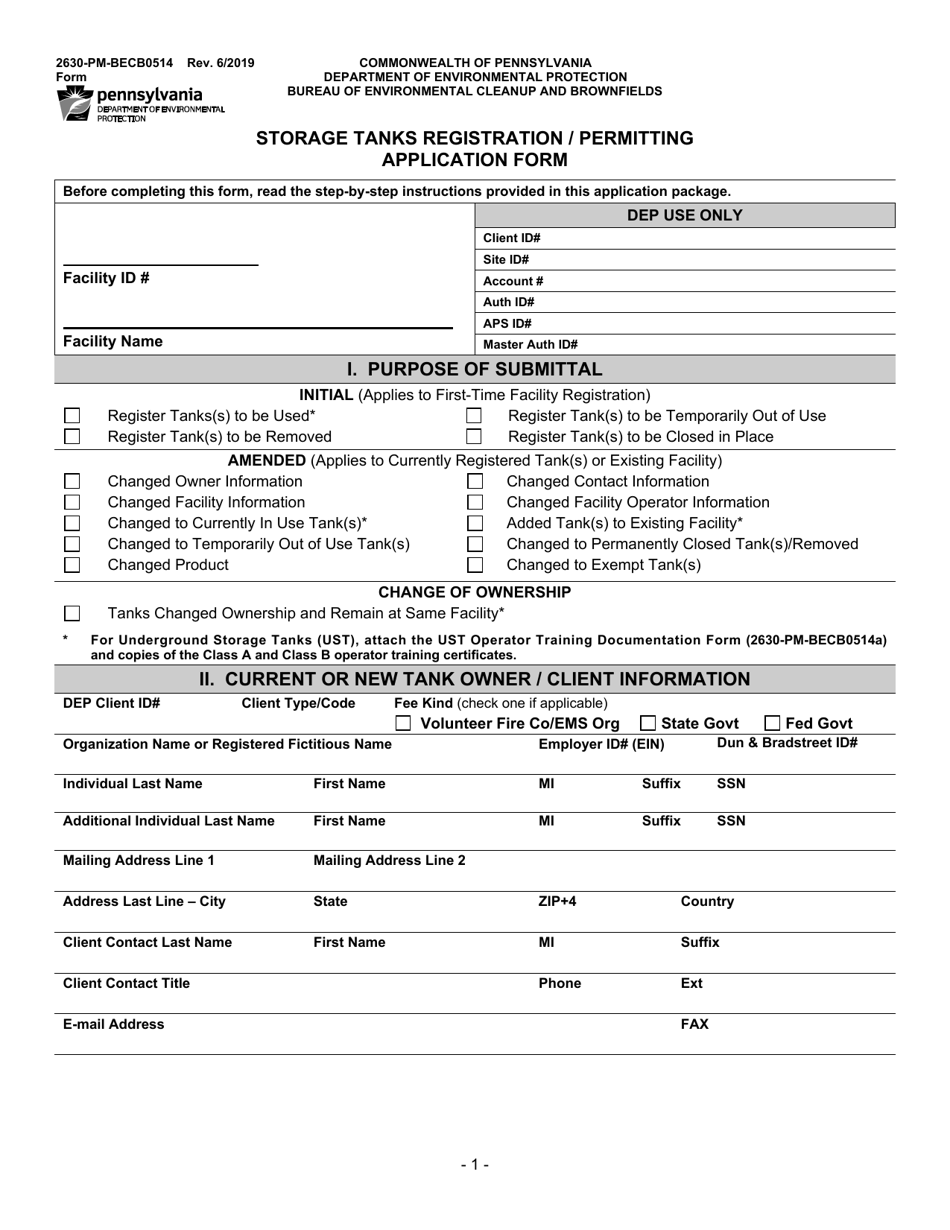 Form 2630-PM-BECB0514 Storage Tanks Registration / Permitting Application Form - Pennsylvania, Page 1