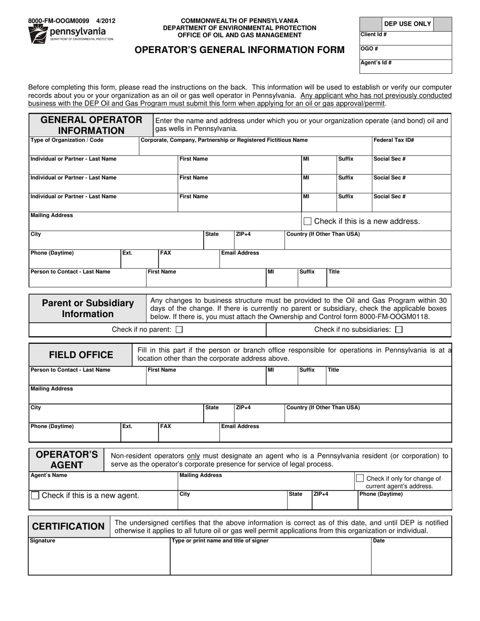 Form 8000-FM-OOGM0099 Operators General Information Form - Pennsylvania, Page 1