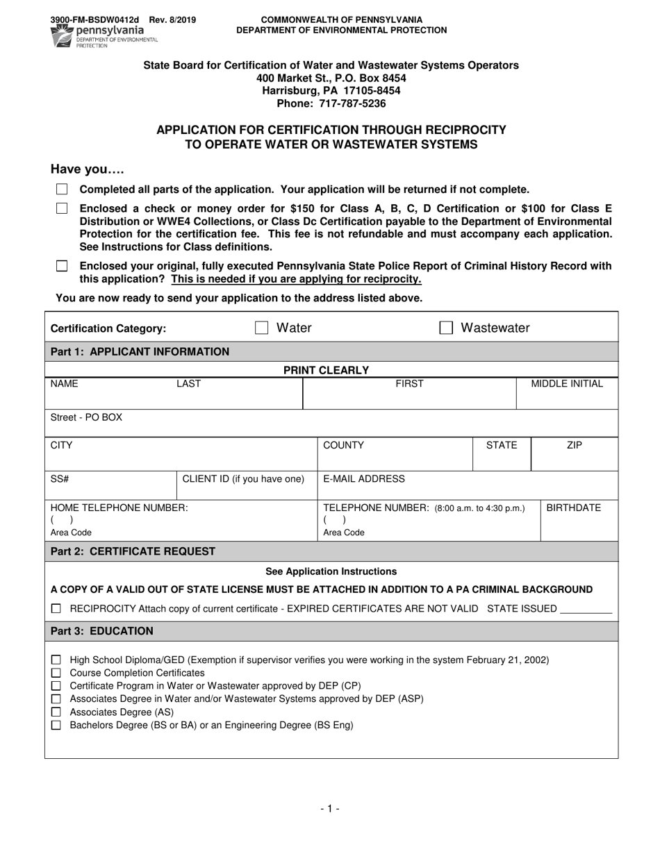 Form 3900-FM-BSDW0412D Application for Certification Through Reciprocity to Operate Water or Wastewater Systems - Pennsylvania, Page 1