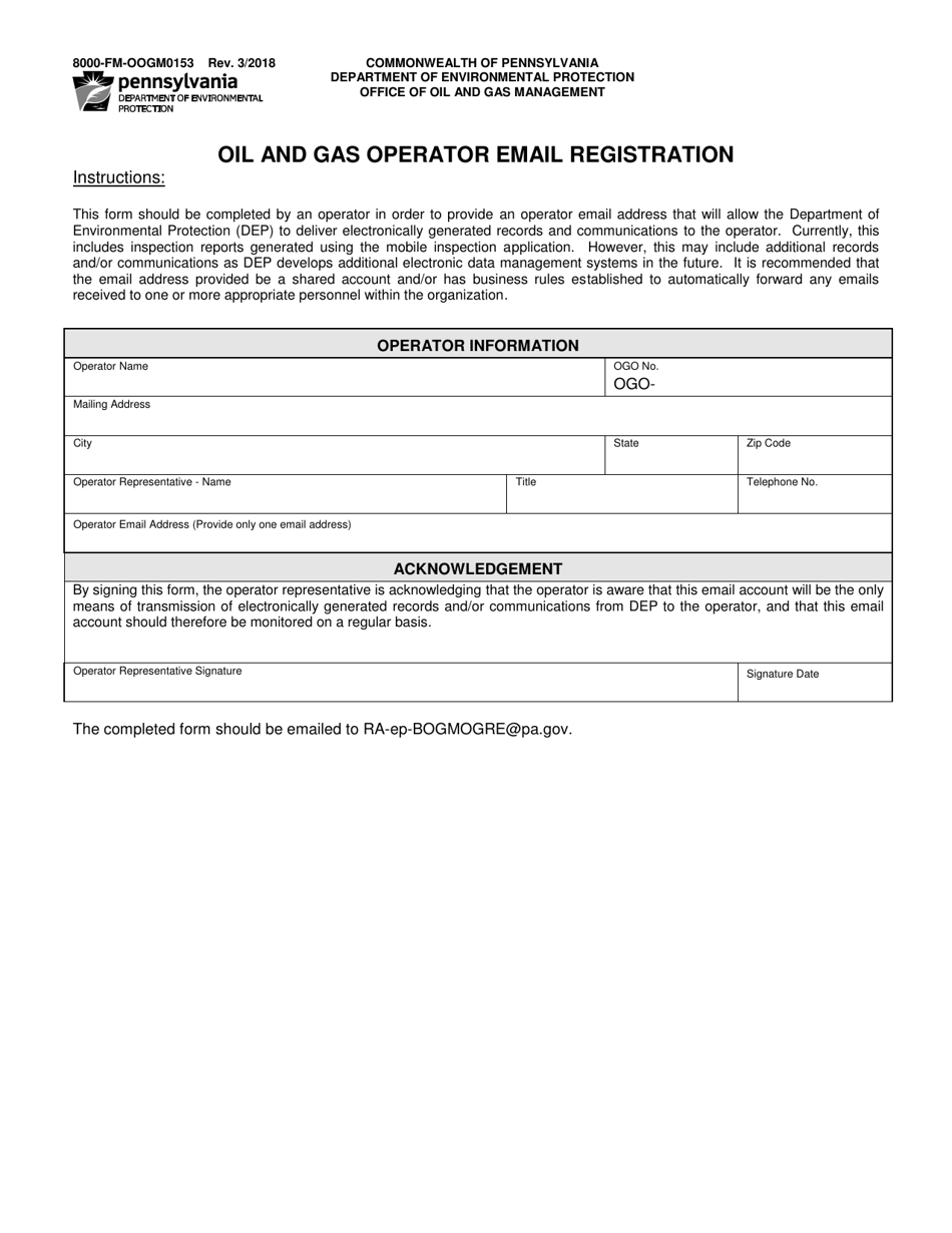 Form 8000-FM-OOGM0153 Oil and Gas Operator Email Registration - Pennsylvania, Page 1