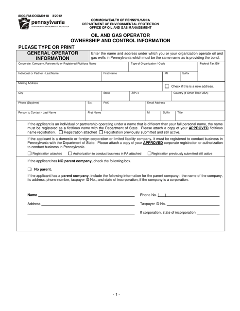 Form 8000-FM-OOGM0118 Oil and Gas Operator Ownership and Control Information - Pennsylvania