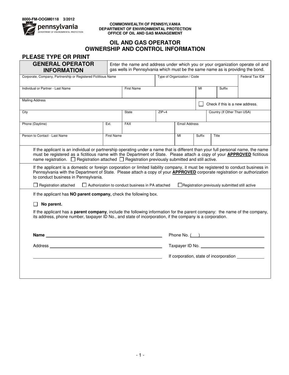 Form 8000-FM-OOGM0118 Oil and Gas Operator Ownership and Control Information - Pennsylvania, Page 1